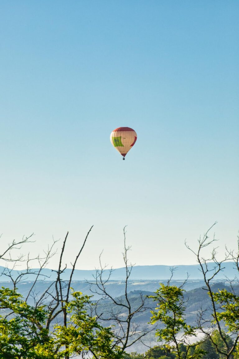A colorful hot air balloon soaring above Provence fields under a clear blue sky.
