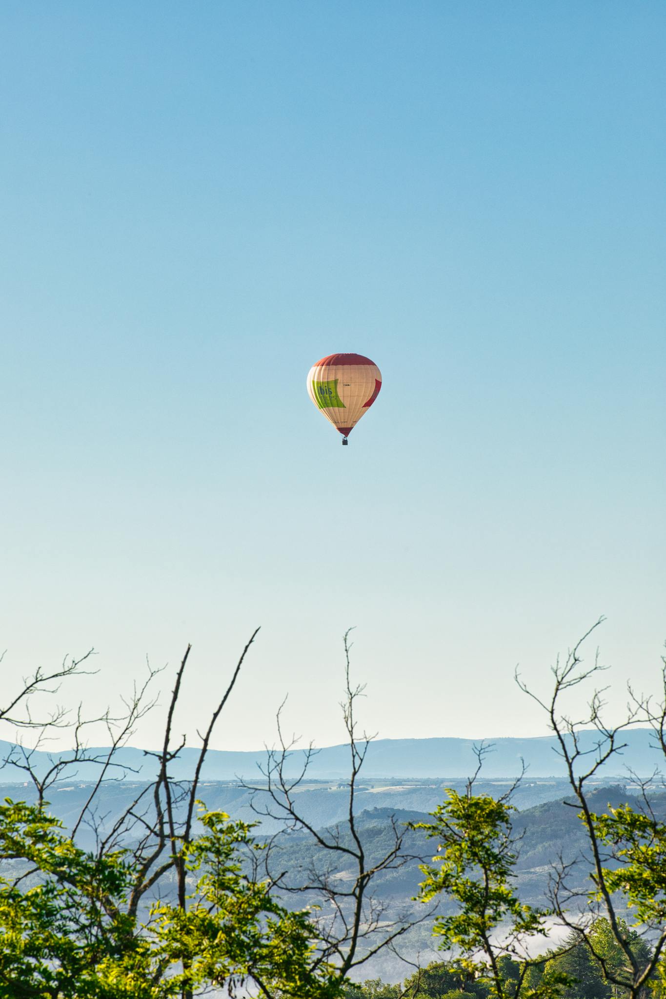 A colorful hot air balloon soaring above Provence fields under a clear blue sky.