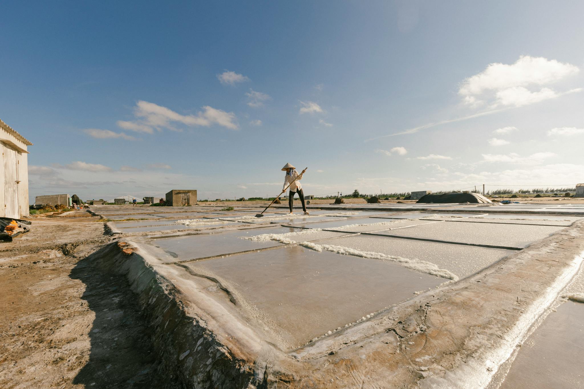 A person harvests salt in a sunny Vietnamese salt flat, wearing a conical hat.