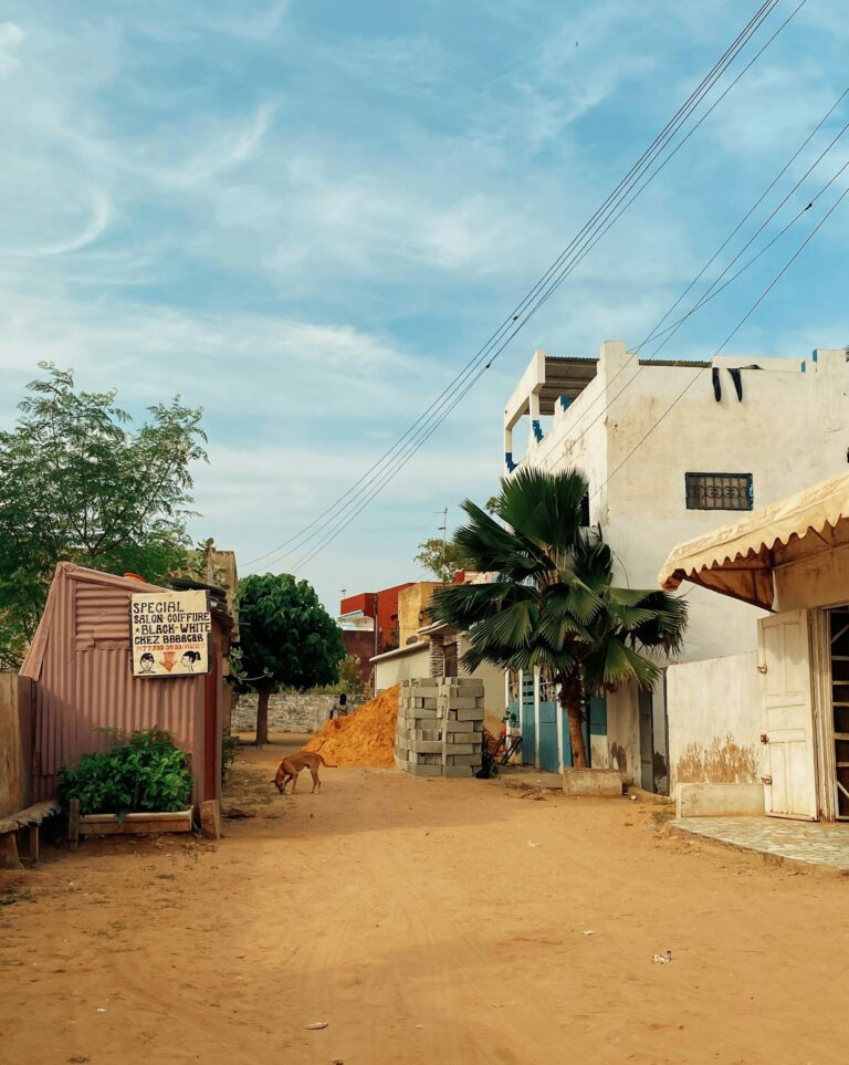 Explore a sandy street in Saly, Senegal featuring palm trees, blue skies, and local street activity.